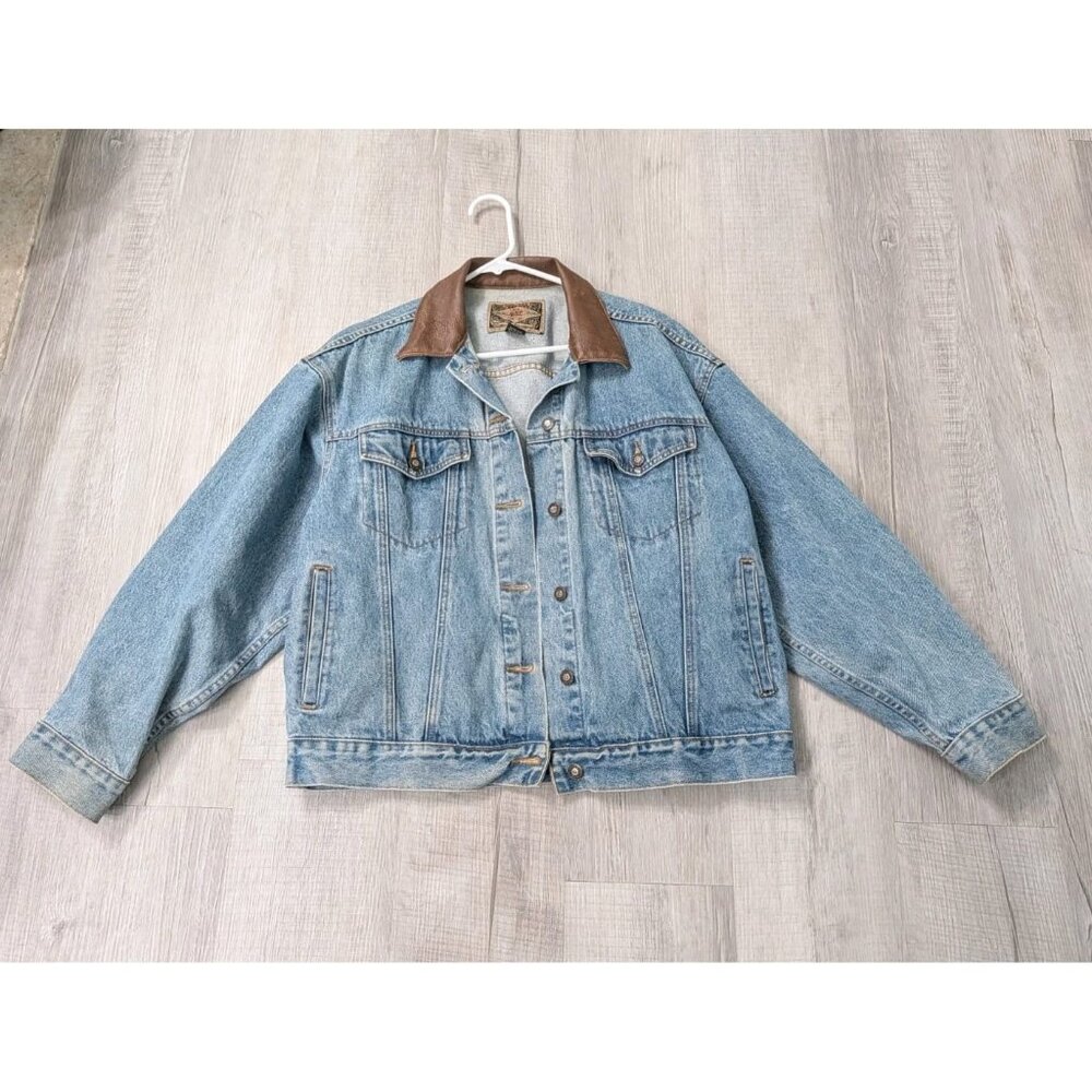 Express Men's Denim Jacket Brown Leather Collar Button Accents Size LG